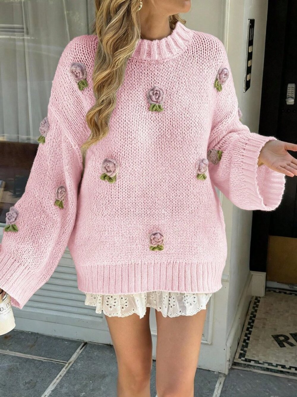 Light Pink Casual Women's Knitted 3d Floral detailed Sweater - Picture 9 of 11